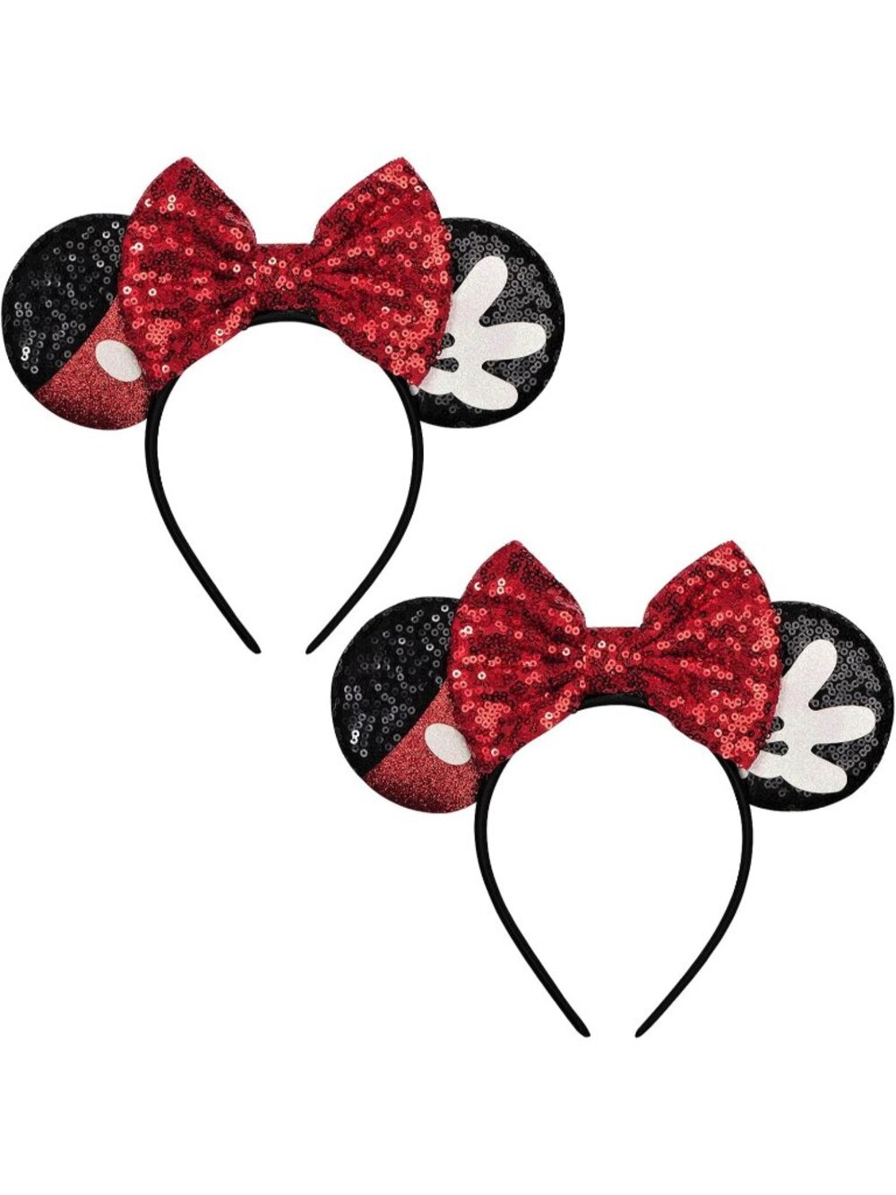 Women Red Bow 2 Sequin Handmade Mickey Mouse Headband 2 Pieces